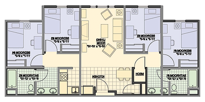 套房平面图，两间卧室11英尺7英寸乘9英尺, 两间卧室11英尺3英寸乘9英尺, 浴室6英尺10英寸乘12英尺10英寸, 客厅长15英尺，宽10英尺，宽10英寸. 厨房比客厅稍大一点.